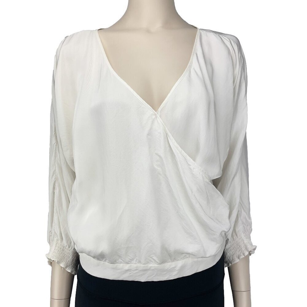 BABATON Aritzia Spring Satin wrap flowy Office White Blouse Sz Large‎